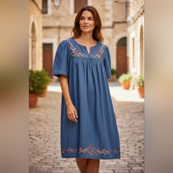 Bechamel Dresses & Skirts - Bechamel Vintage Denim Embroidered Dress Size M Knee-length Pockets